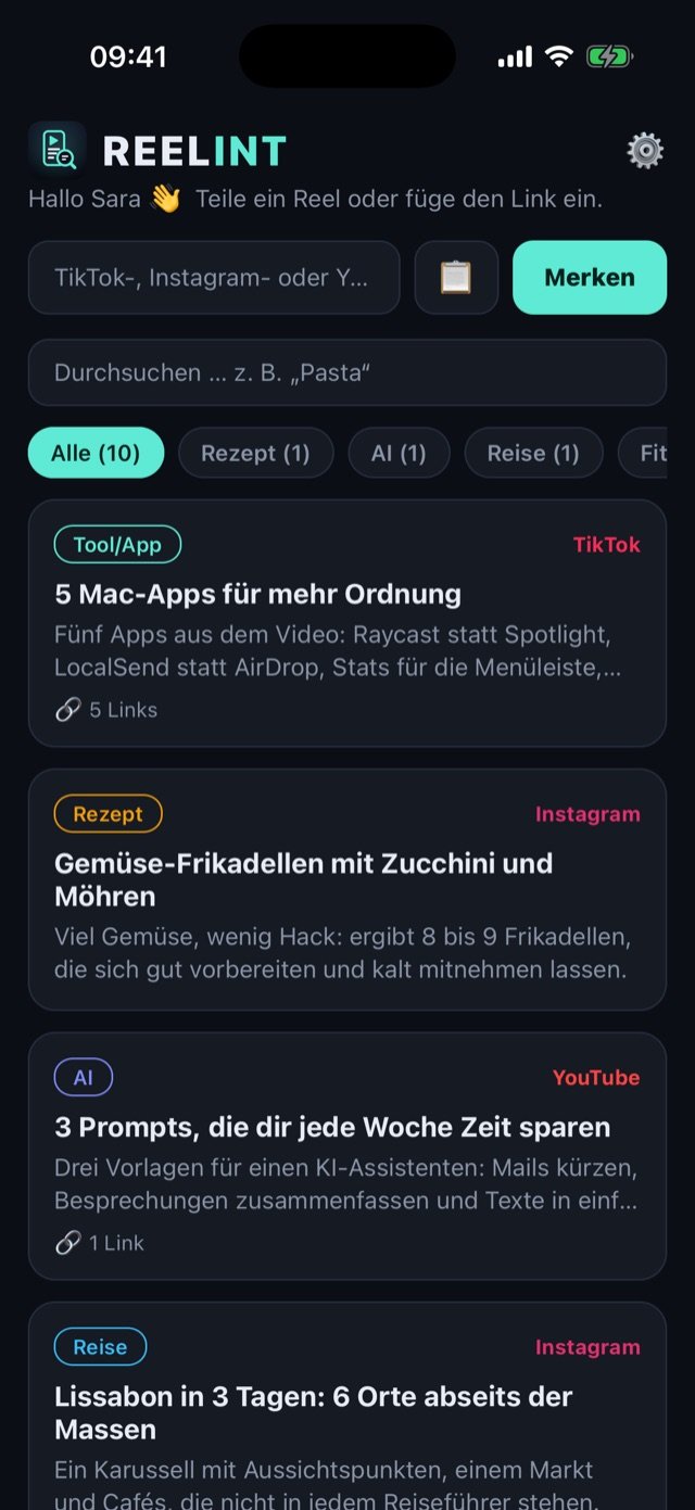 Die Bibliothek in REELINT mit Karten zu Mac-Apps, einem Rezept, Prompts und einer Lissabon-Reise, sortiert nach Themen.