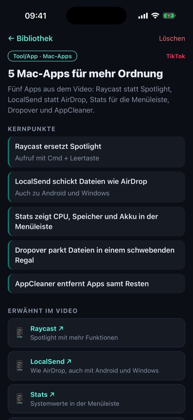 Karte zu fünf Mac-Apps mit Kernpunkten und den Links zu Raycast, LocalSend und Stats.