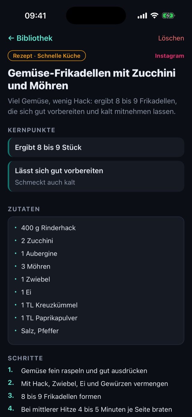 Die Rezeptkarte mit Zutaten wie 400 g Rinderhack, 2 Zucchini und 3 Möhren und den Schritten zum Braten.