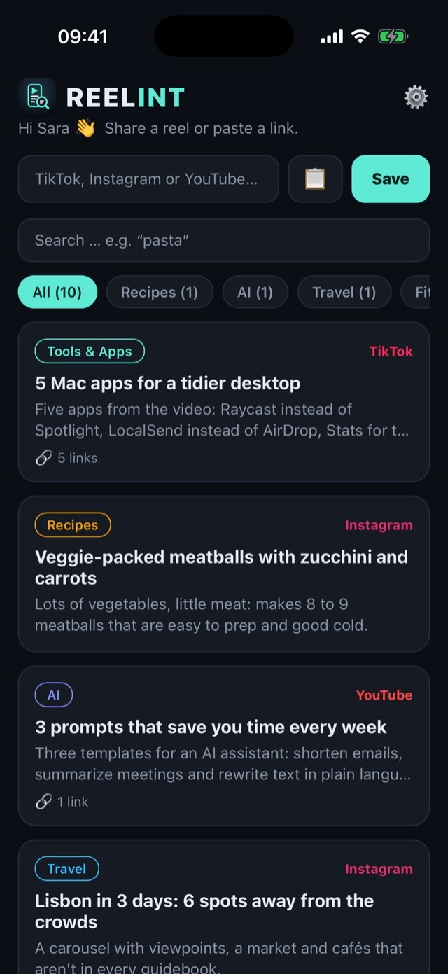 The REELINT library with cards for Mac apps, a recipe, prompts and a Lisbon trip, sorted by topic.