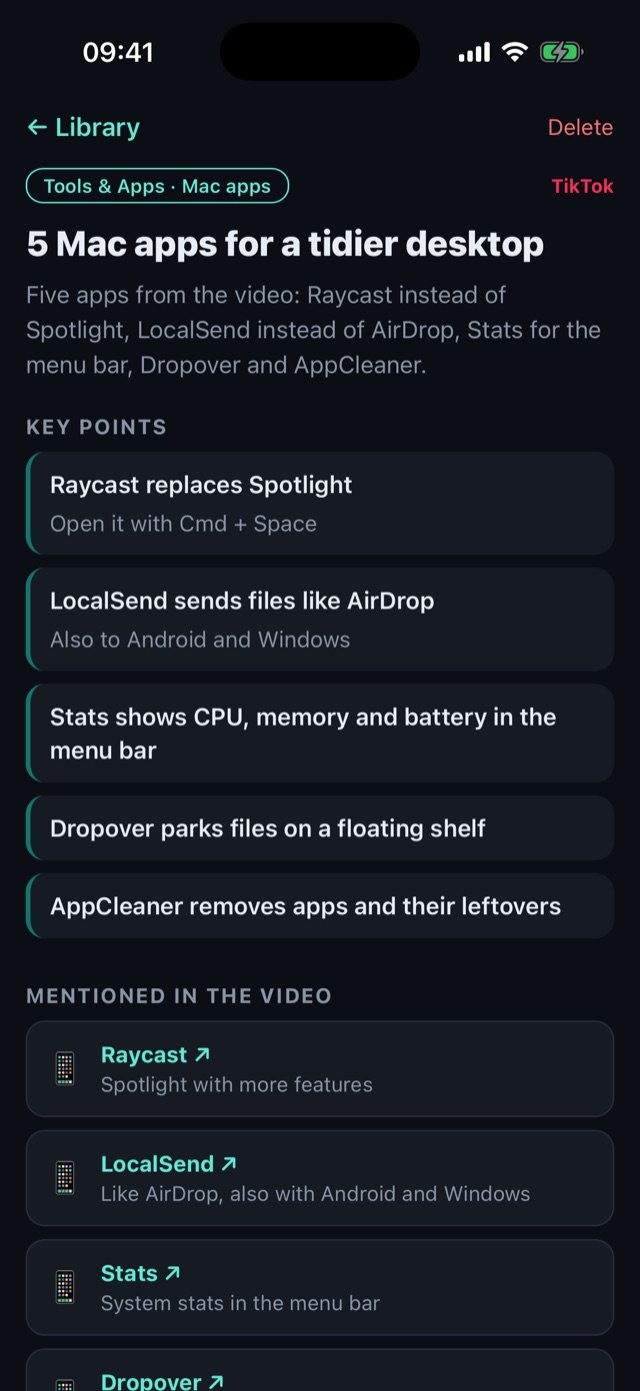 A card about five Mac apps with key points and links to Raycast, LocalSend and Stats.