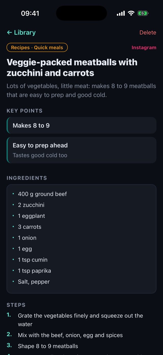 The recipe card with ingredients like 400 g ground beef, 2 zucchini and 3 carrots, plus the cooking steps.