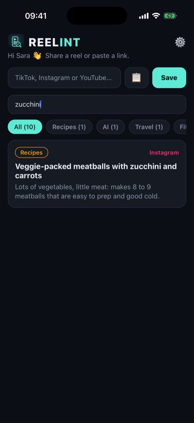 Searching for zucchini in REELINT: the meatball recipe is the only result.